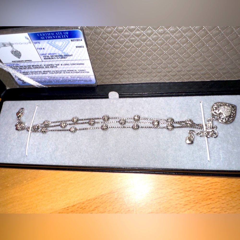 Elegant 3 layer Silver Bracelet w/ Diamond heart charm